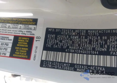 2016 Toyota Avalon Limited from USA, damaged, VIN 4T1BK1EB4GU201644